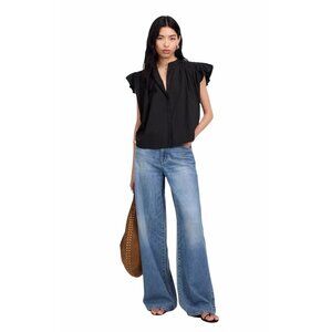 Madewell Womens Flutter Sleeve Poplin Shirred Blouse Size S Black Button-Up NWT